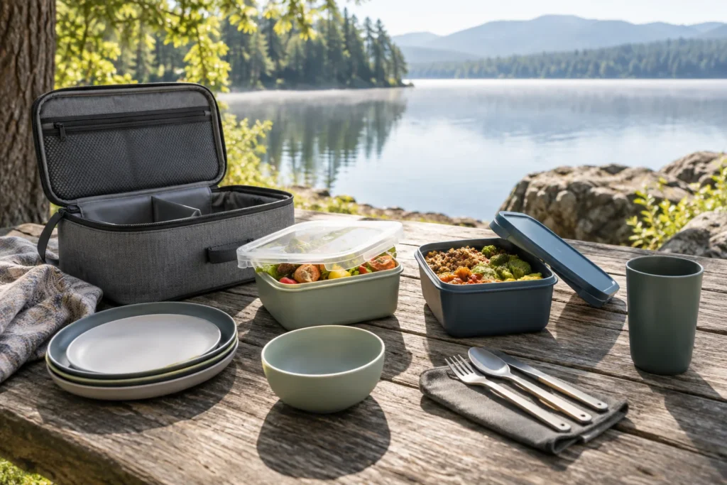 Camping lunch box lid design review with snap lid separate lid lunch box utensils and carry case at a lakeside picnic table
