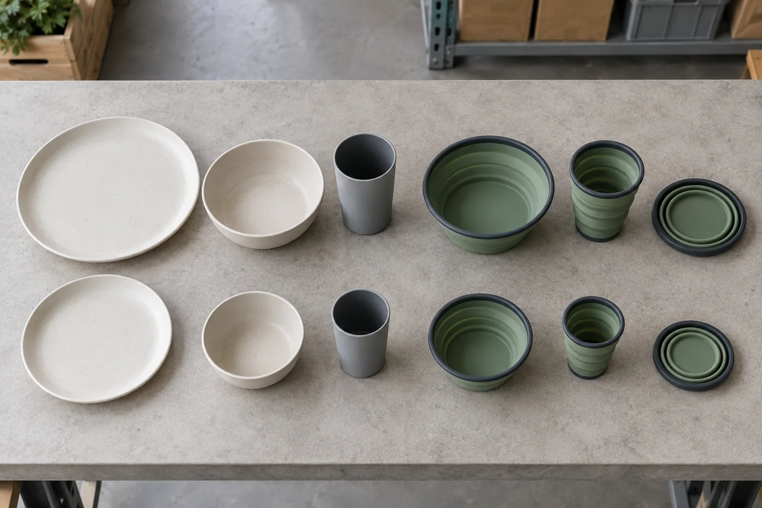 Hybrid Camping Dinnerware Component Review Rigid and collapsible camping dinnerware components arranged for a buyer review