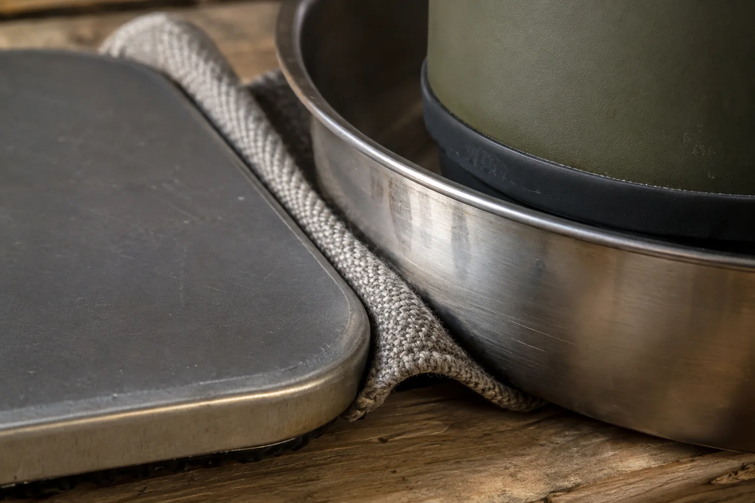 Mixed Material Set Interface Review Close view of separated camping dinnerware material interfaces and textile protection