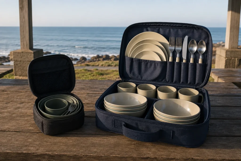 Camping mess kit vs dinnerware set comparison at a coastal picnic shelter