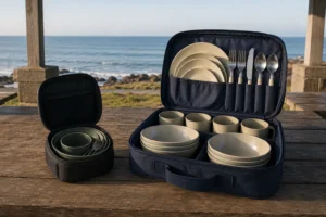 Camping mess kit vs dinnerware set comparison at a coastal picnic shelter