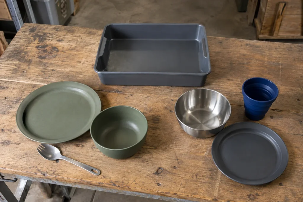 Mixed material camping dinnerware components arranged on a warehouse sample review table