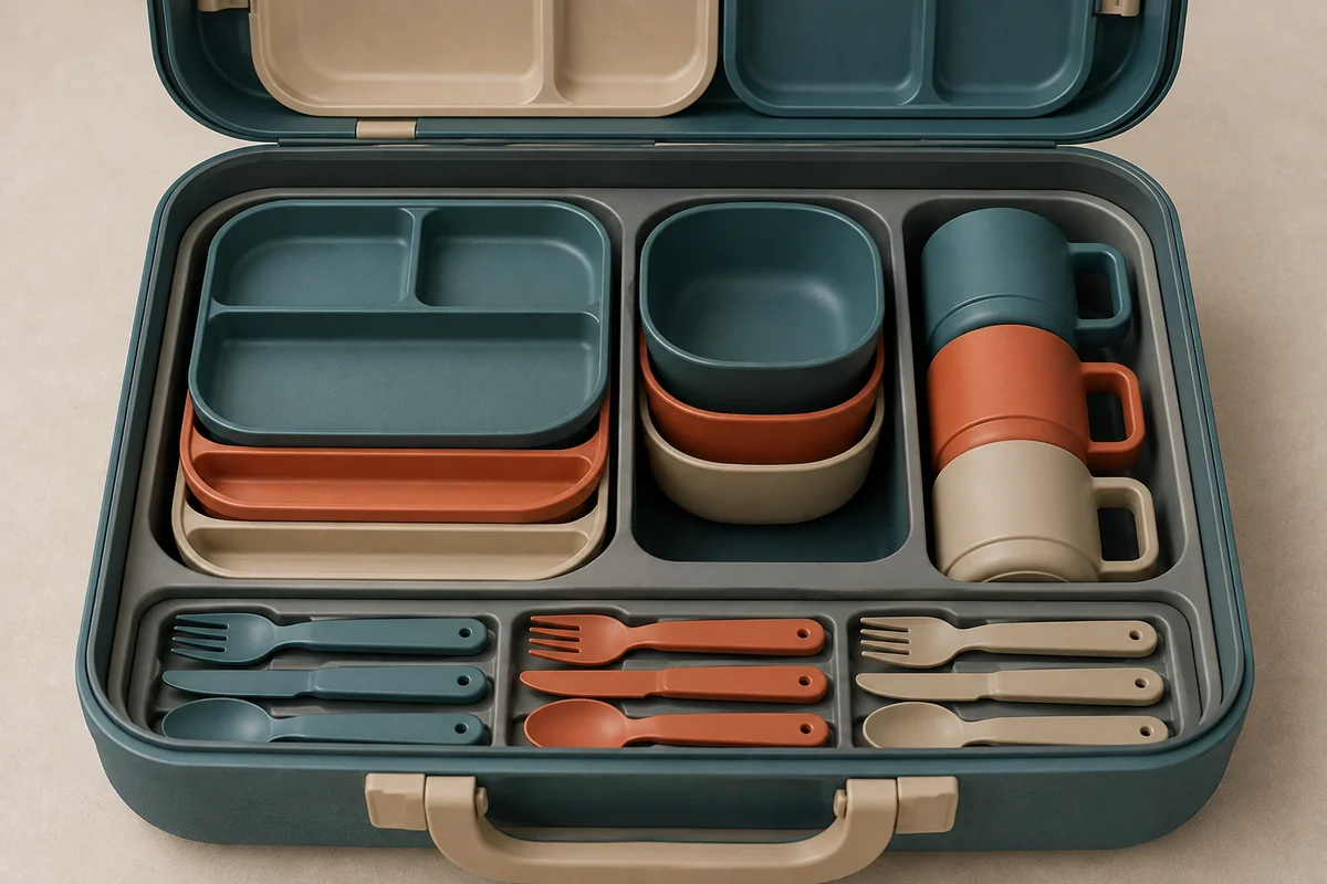 Modular Picnic Case and Retention Detail Close view of modular picnic-set case trays and component retention