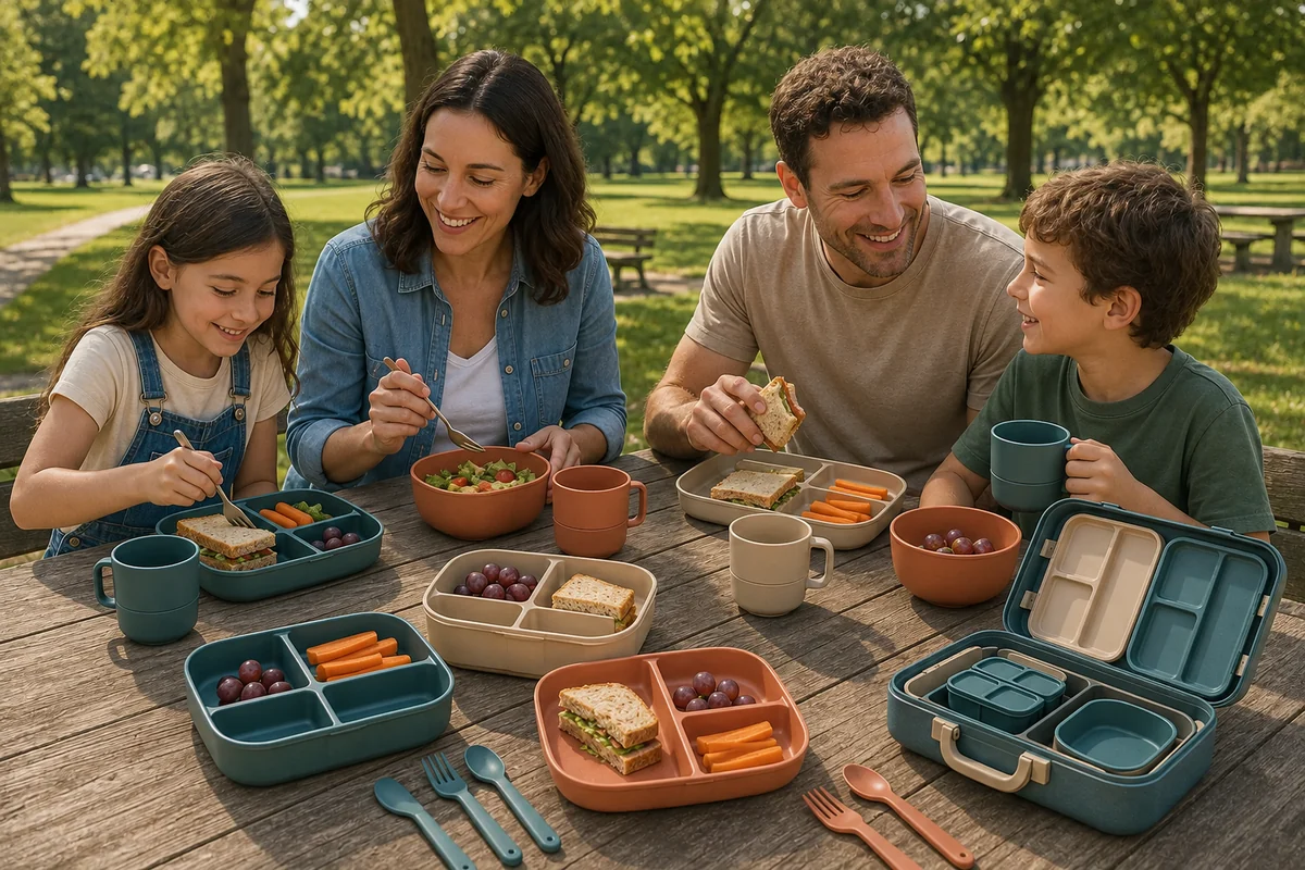 Modular Family Picnic Set Park Scenario Family using a modular PP picnic dining set at a public park