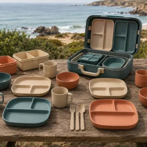 Custom modular family picnic dining set with rigid carry case at a coastal table