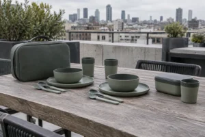 Concept modular camping dinnerware set with two place settings, carry case and separate optional lunch container on an urban terrace