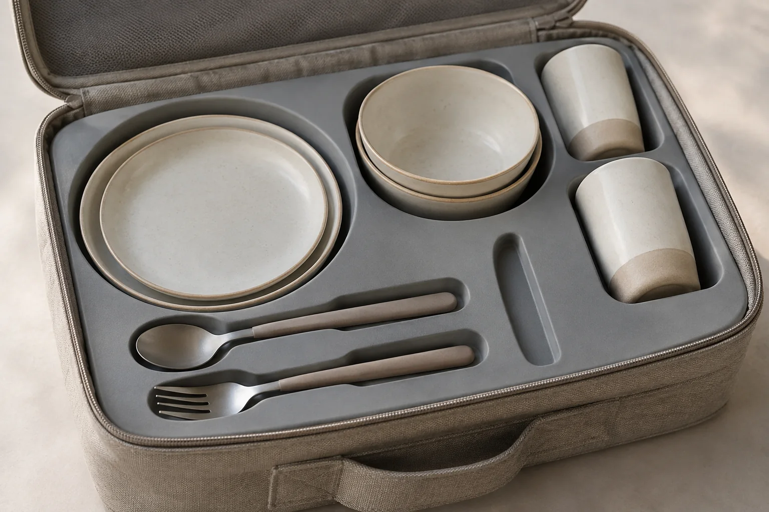 Close view of a camping dinnerware carry case insert with seated pieces and one empty utensil channel for count control
