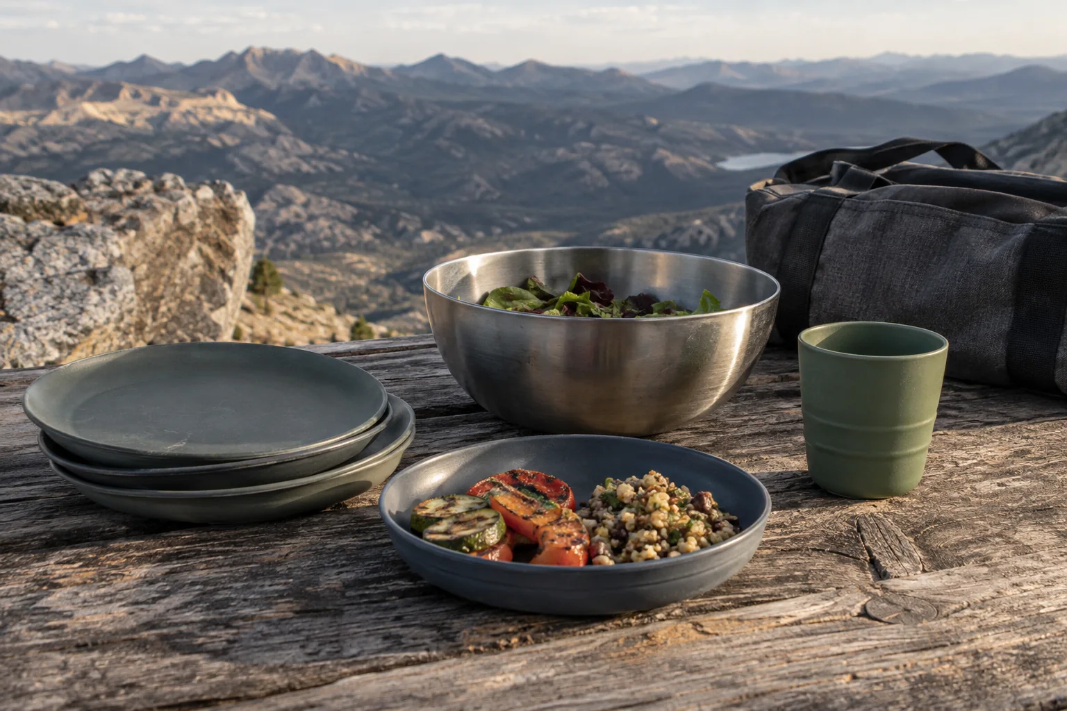 Mixed Material Camping Dinnerware Roles Mixed material plates bowl and cup concept at a mountain overlook picnic setup