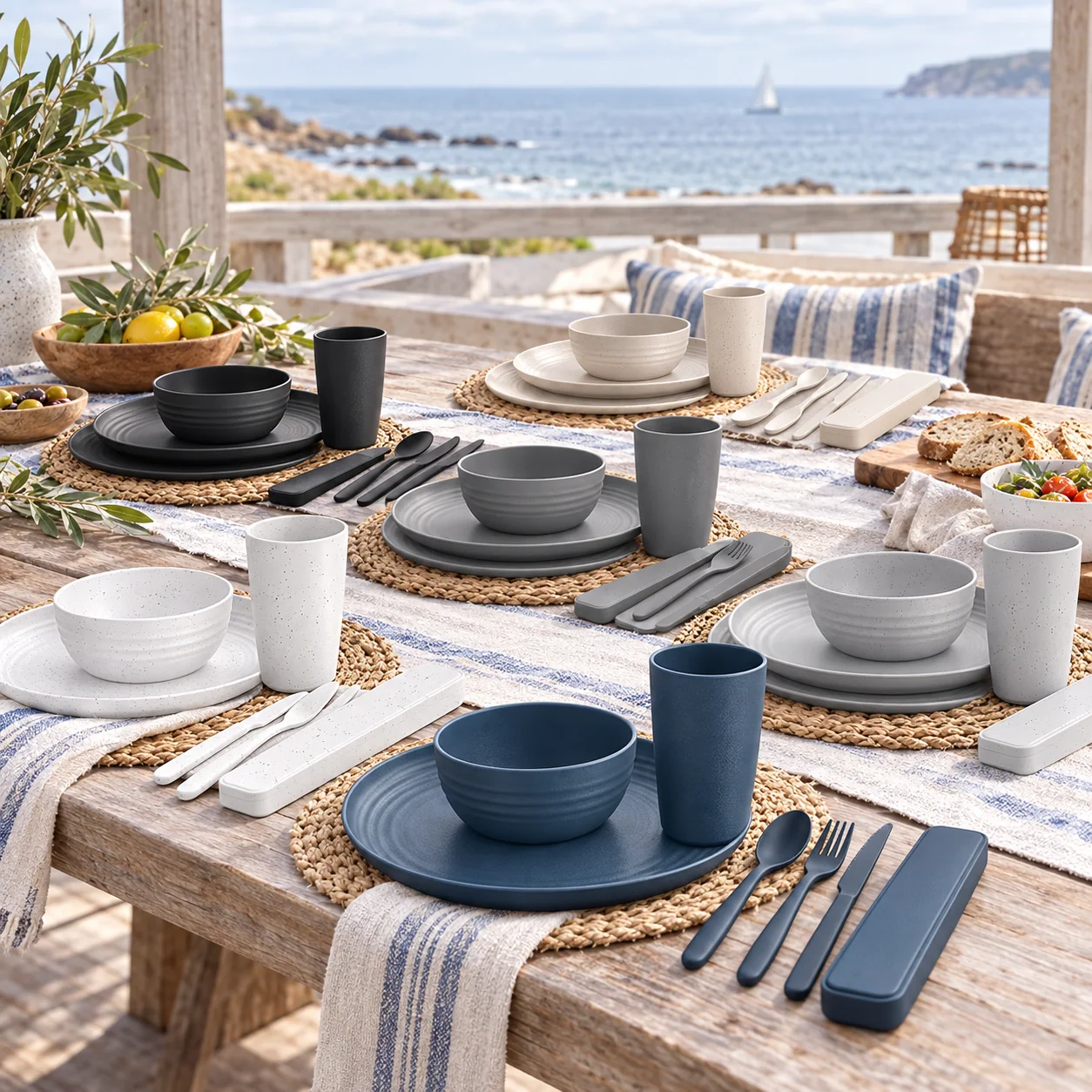 Multicolor wheat straw dinnerware set arranged as six coordinated place settings at a coastal picnic shelter