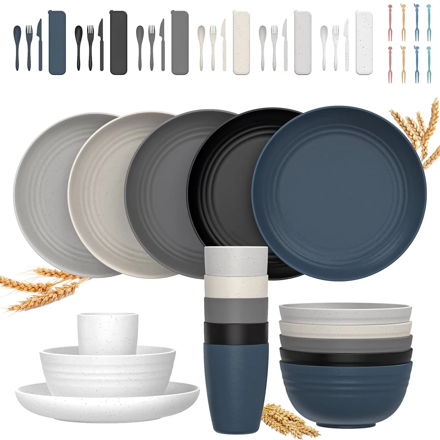 Multicolor six-place source configuration Multicolor source configuration with round plates ribbed bowls cups and color-matched portable cutlery cases