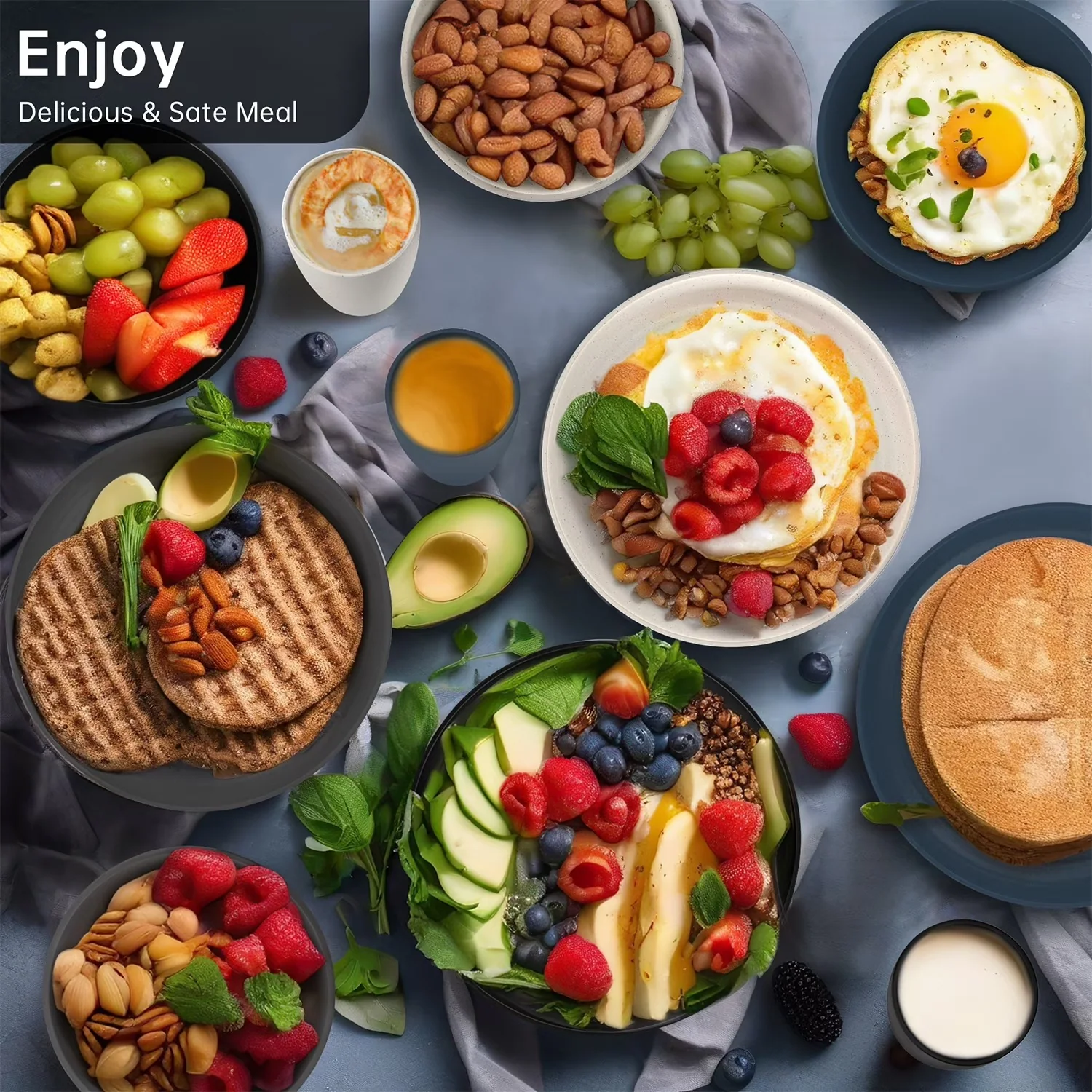 Multicolor dinnerware meal layout Overhead meal layout using blue gray cream and white round dinnerware pieces