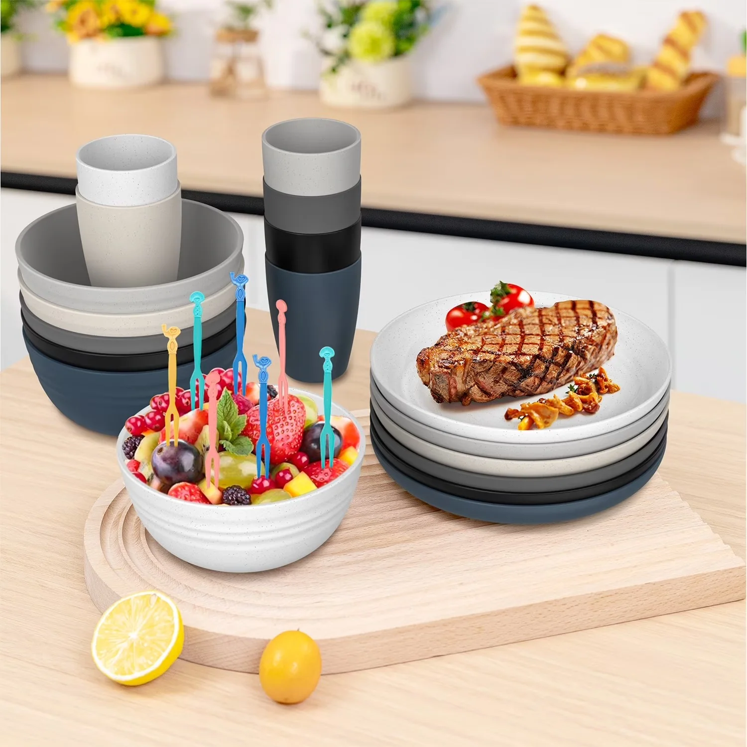 Multicolor dinnerware tabletop review Multicolor plates bowls and cups grouped on a tabletop for buyer assortment review