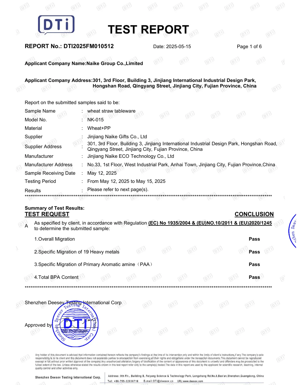 EU food-contact test report preview for Naike wheat and PP tableware, report DTI2025FM010512