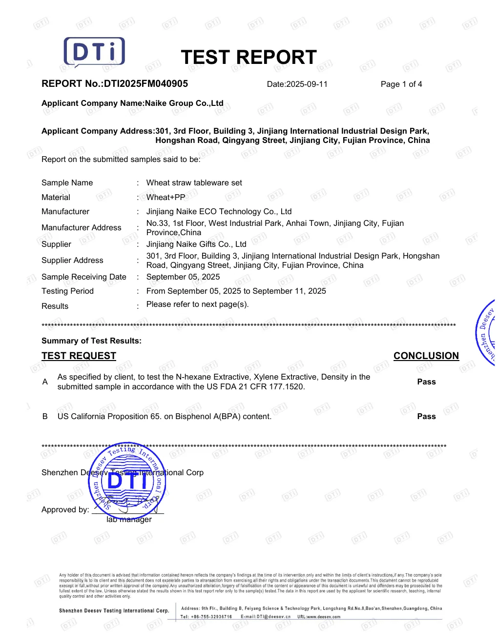 US food-contact test report preview for Naike wheat and PP tableware, report DTI2025FM040905
