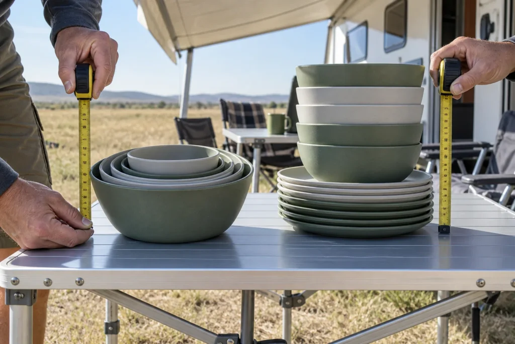 Nesting versus stacking camping dinnerware compared at an RV campsite