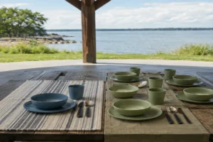 One person vs four person camping set comparison at a lakeside picnic shelter