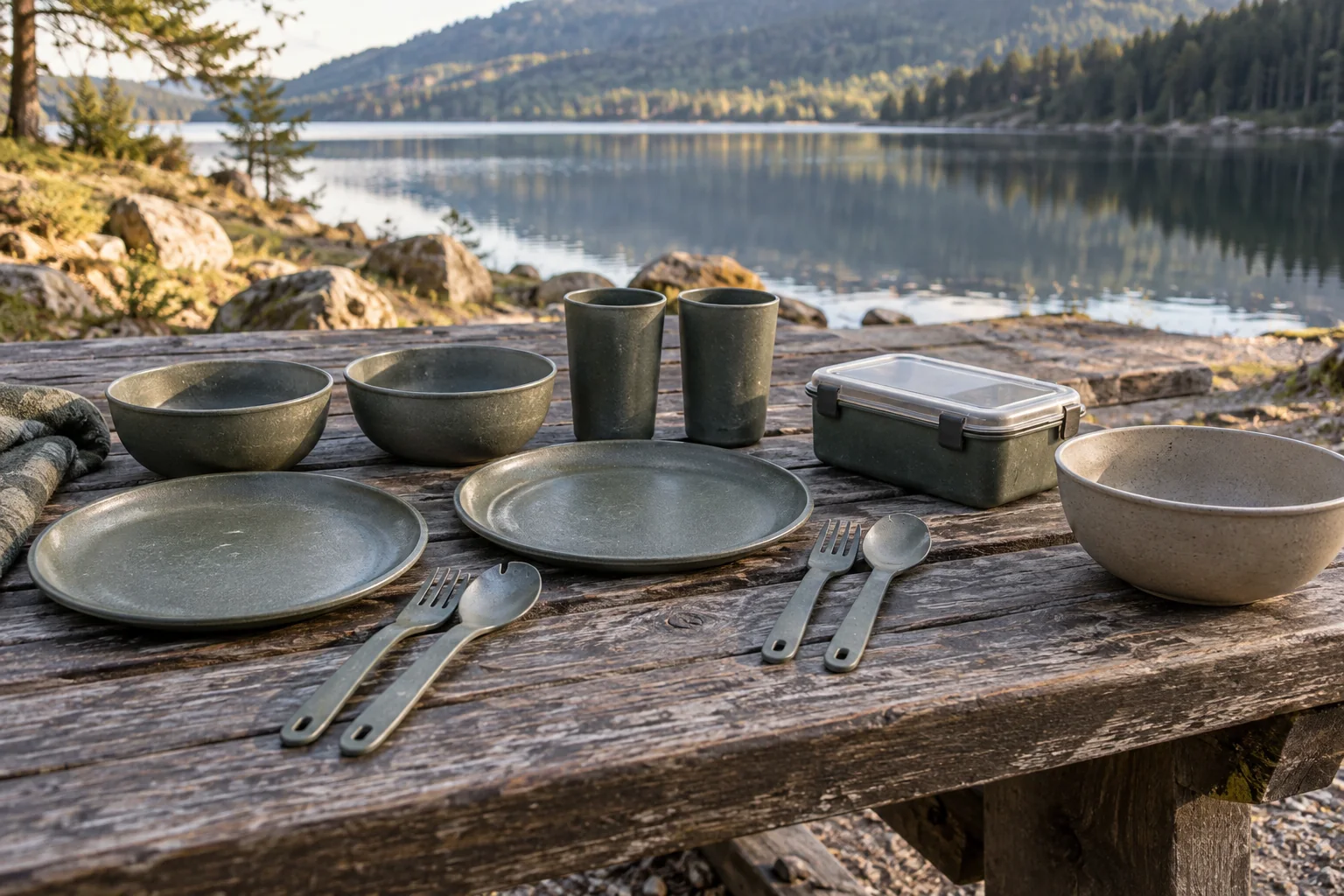 Optional dinnerware assortment at a lakeside table Concept lakeside table showing basic dinnerware settings and a separate optional lunch container and serving bowl