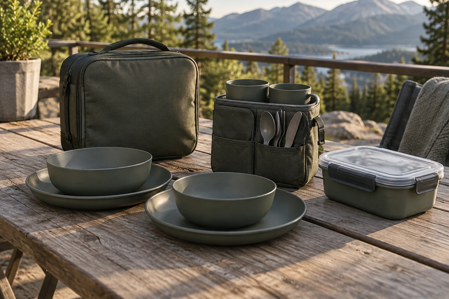 Concept outdoor terrace review of a base dinnerware set, cutlery add-on pouch and separate lidded food container