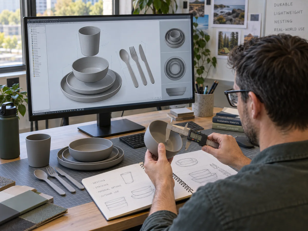 Engineer reviewing CAD design and physical prototype for nesting outdoor tableware