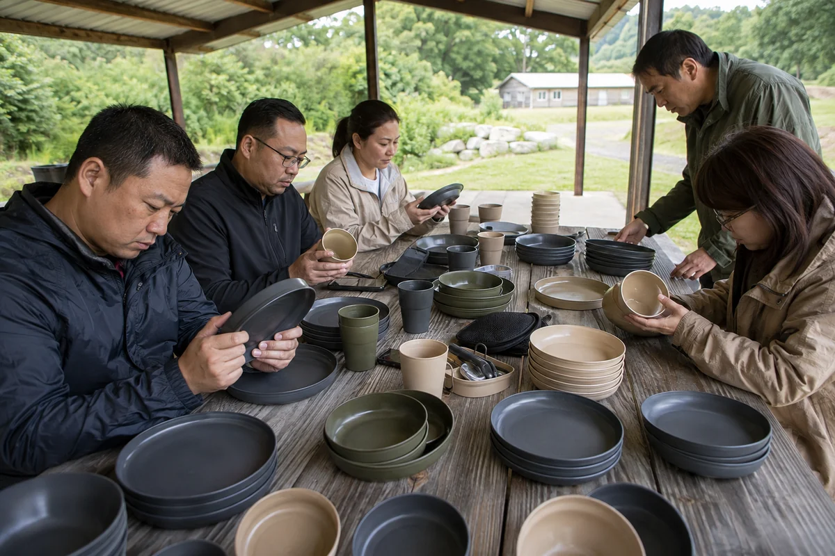 Buyers inspecting outdoor tableware samples under a picnic shelter