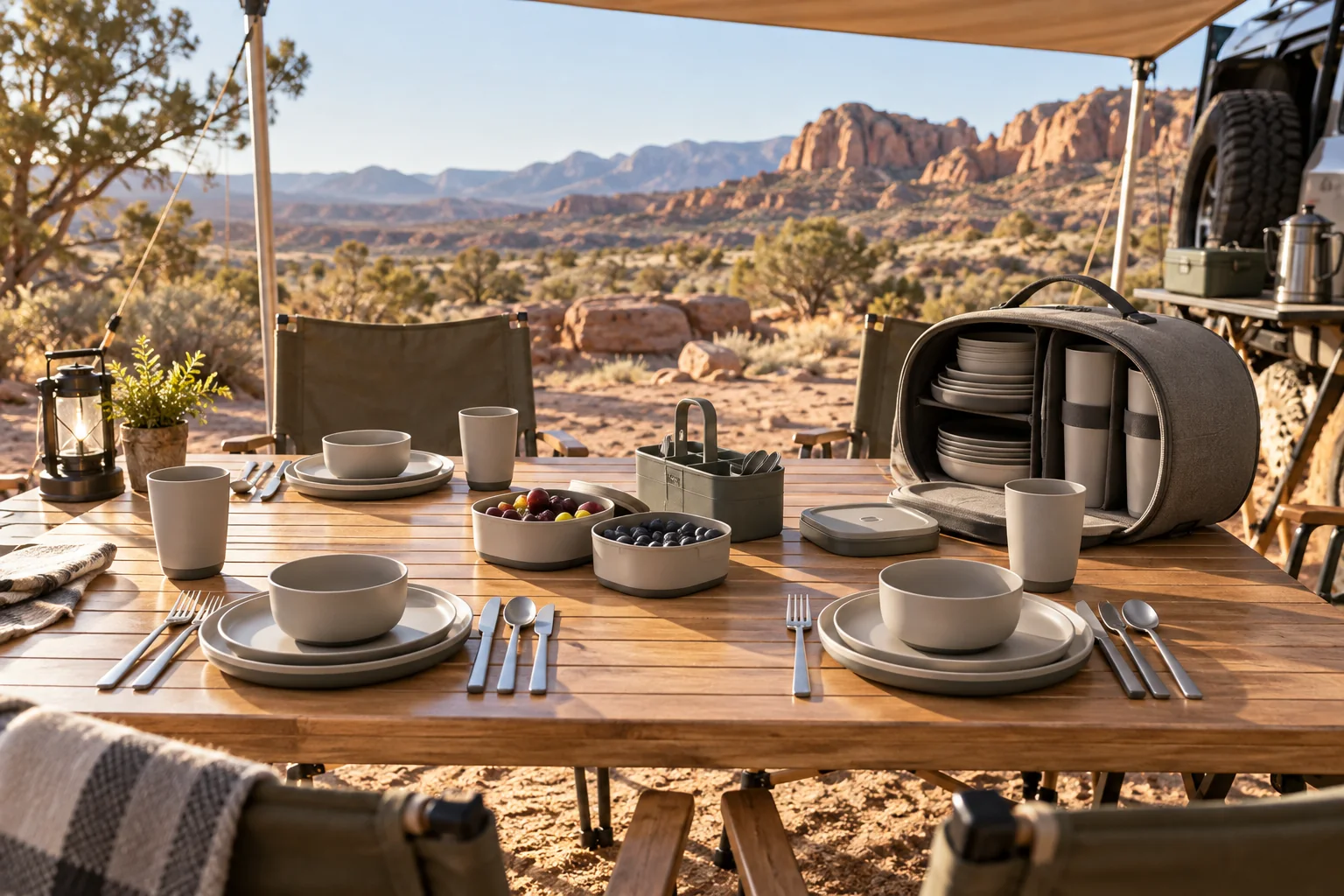 Oval-rail desert campsite application concept Four outdoor place settings beside an open oval carry case at a bright desert campsite breakfast table