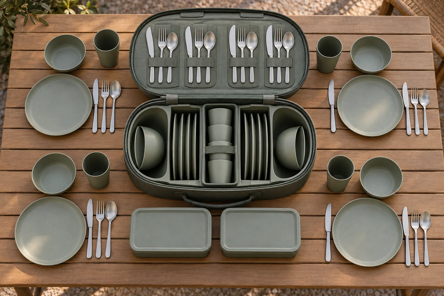 Oval-rail reference configuration Top-down four-person oval-rail dinnerware configuration with plates bowls cups lunch boxes cutlery and open carry case