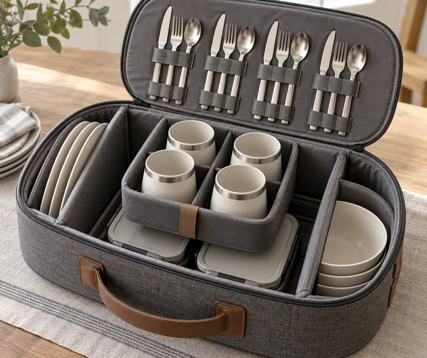 Plate rail central caddy and lid panel detail Close view of padded plate rail bowl well removable cup caddy lunch boxes and detachable cutlery panel