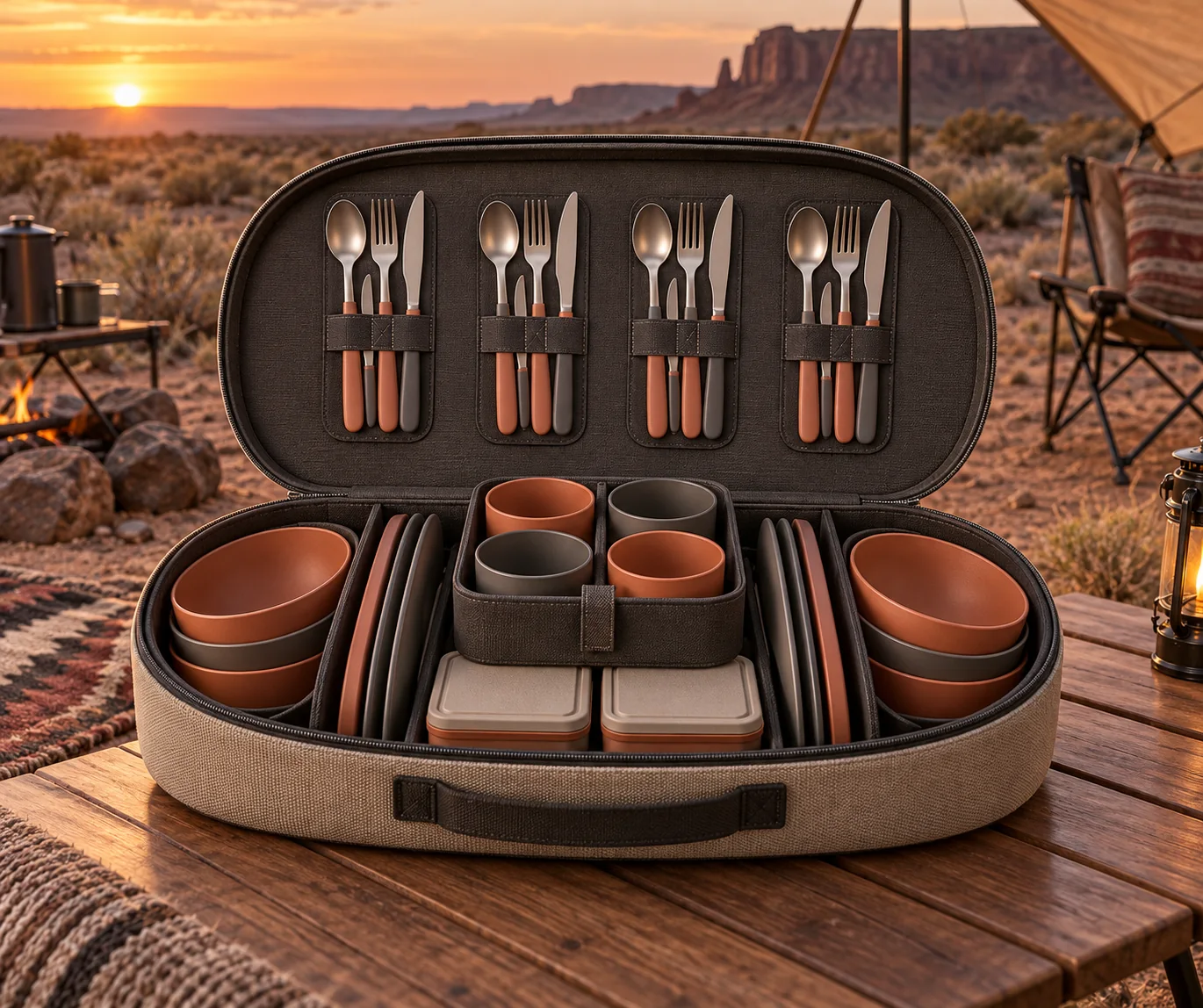 Oval-rail camping dinnerware set with open four-person case plate rails bowls cups lunch boxes and cutlery at a desert campsite