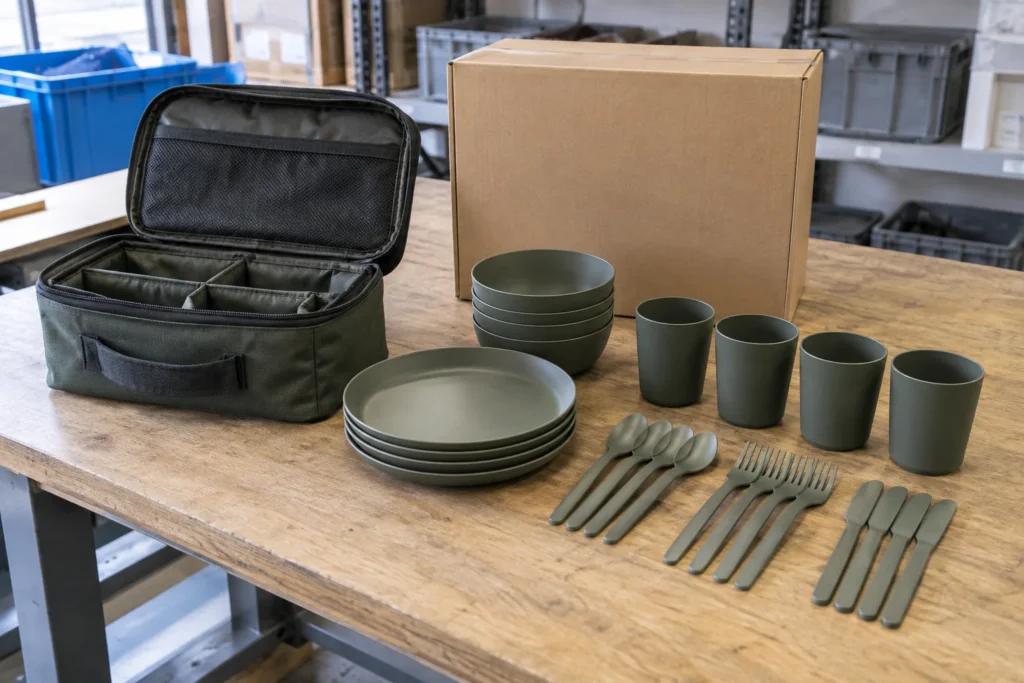 Camping tableware pack volume review with complete set carry case and carton