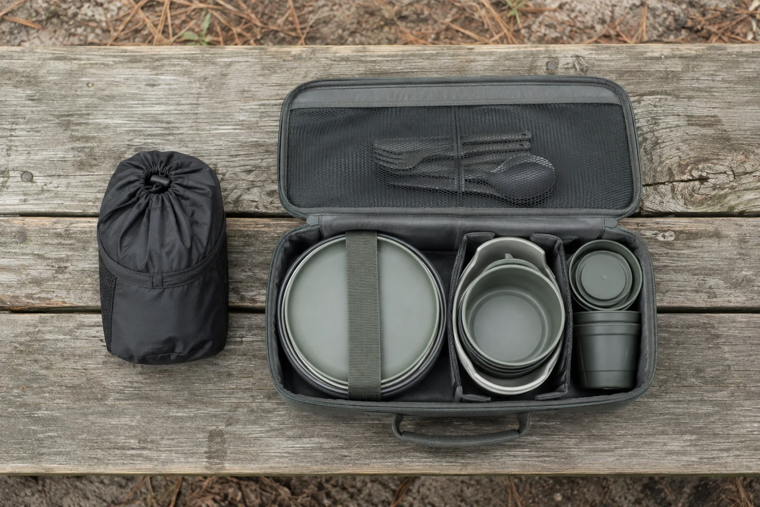 Packed footprint comparison of a personal mess kit and camping dinnerware set