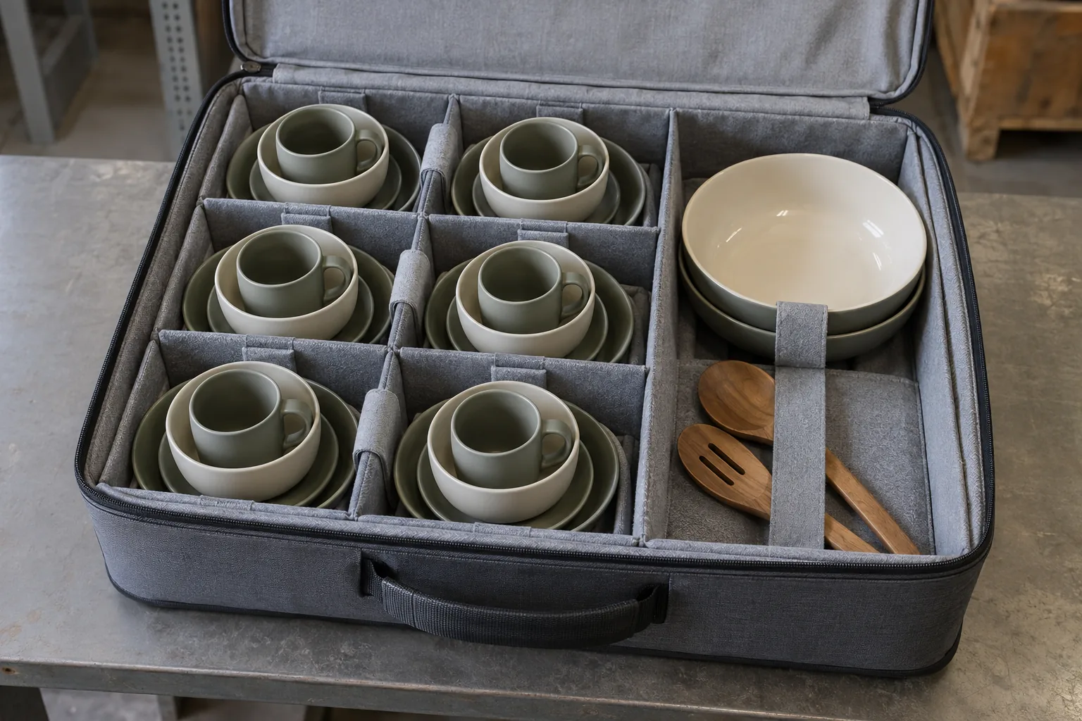 Packed Group Dinnerware Configuration Group camping dinnerware case with individual and shared component zones