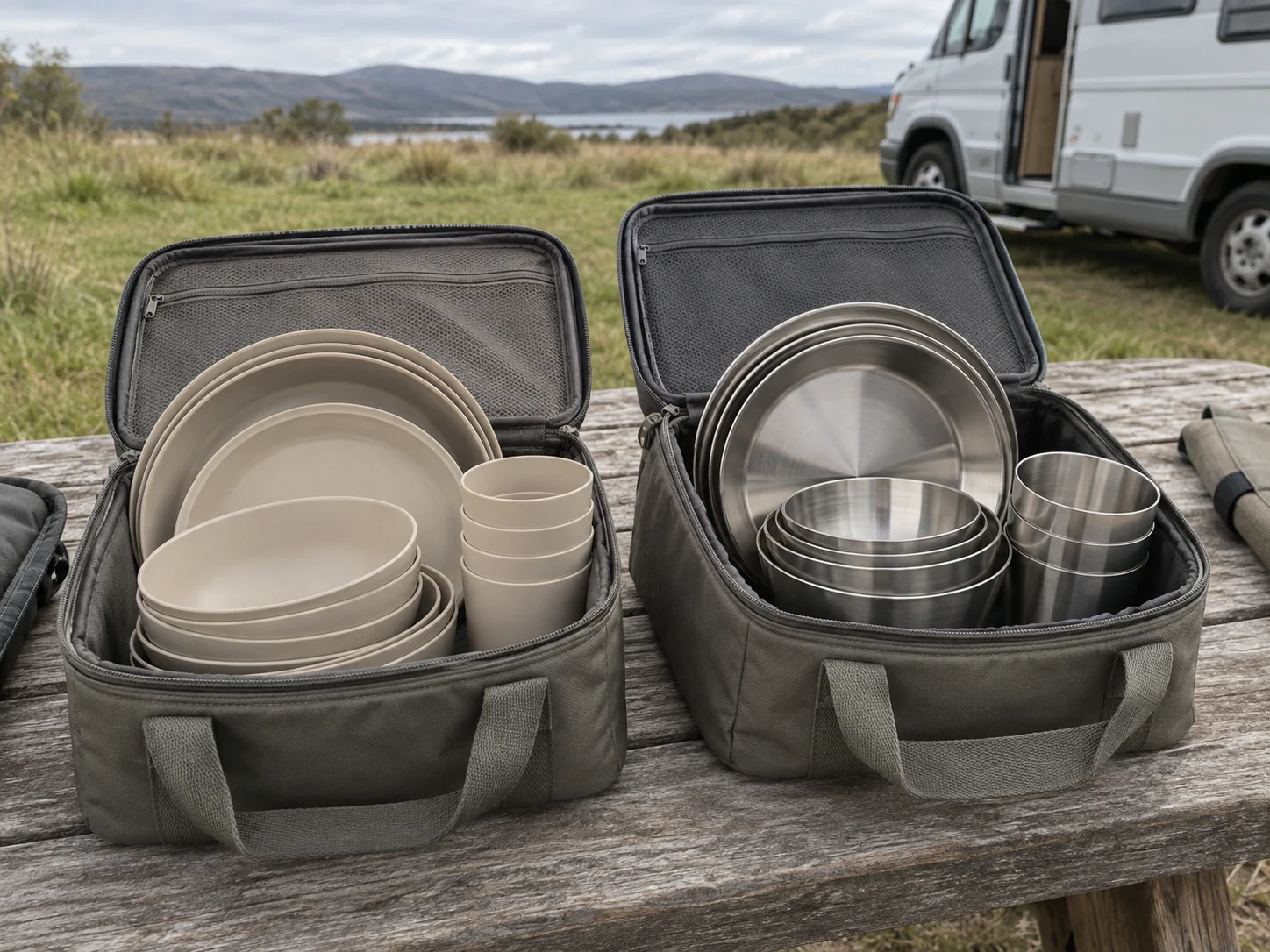Camping Dinnerware Pack-Out Comparison Nested PP and stainless steel dinnerware packed in separate camping totes