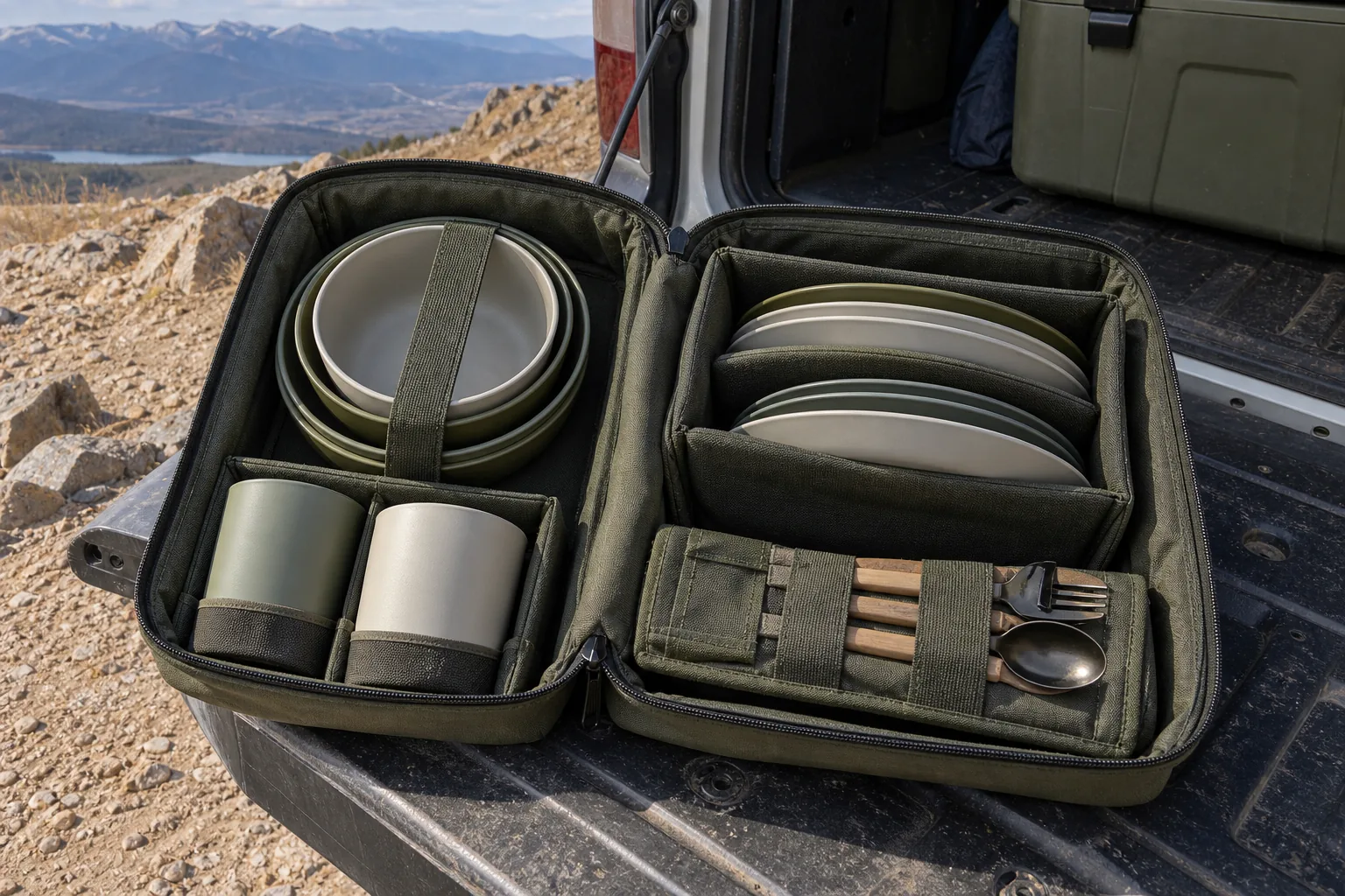 Camping Dinnerware Pack-Out Retention Review Nested bowls and stacked plates retained in separate carry-case zones