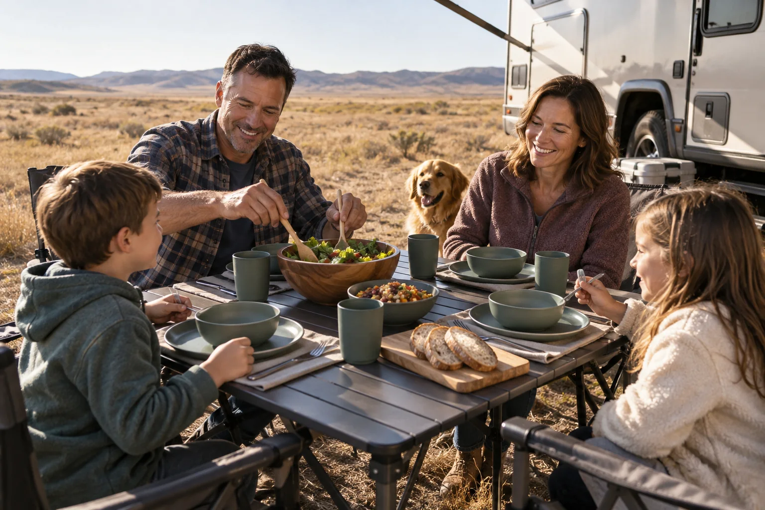 Family RV Camping Dinnerware Scenario Four-person camping dinnerware set used at an open dryland RV campsite