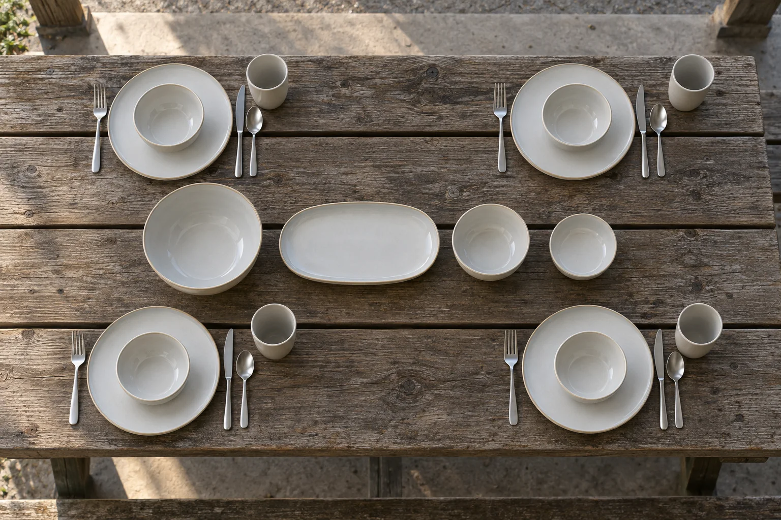 Camping Dinnerware Piece-Count Matrix Four camping place settings with optional shared dinnerware components