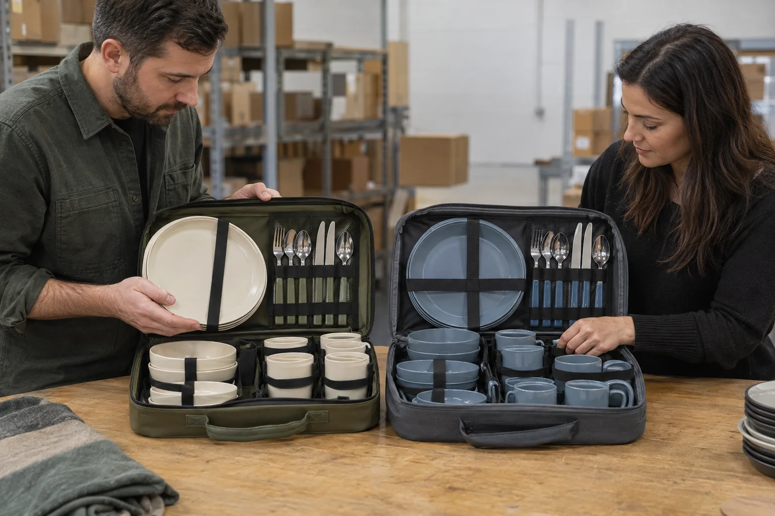 Camping Set Pack-Out Review Buyers reviewing two camping dinnerware configurations in carry cases