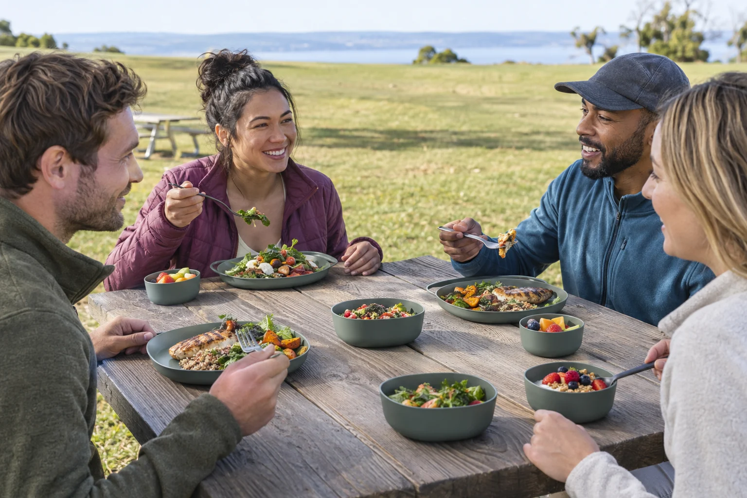 Four adults using coordinated camping plates and bowls at a park picnic