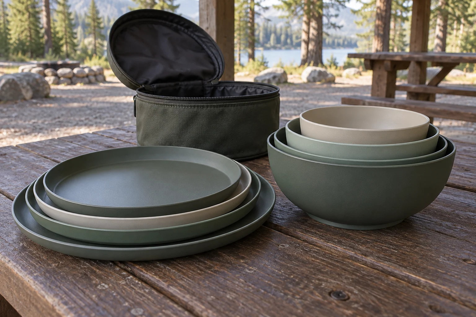 Camping plates and bowls partially nested for pack-out review