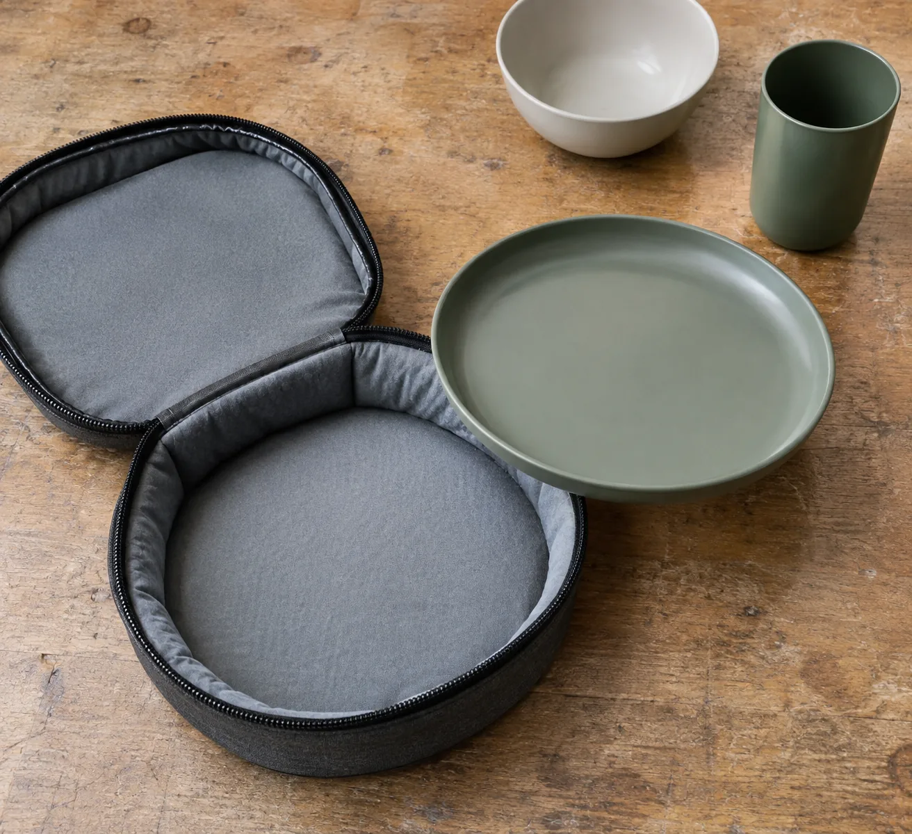 Concept close view of a plate beside an open padded case for rim and opening-clearance review