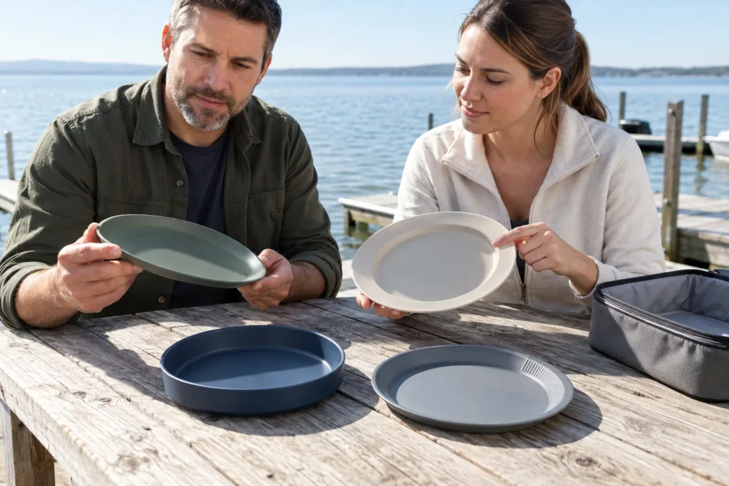 Camping plate rim design sample review with two buyers comparing four profiles by a lake