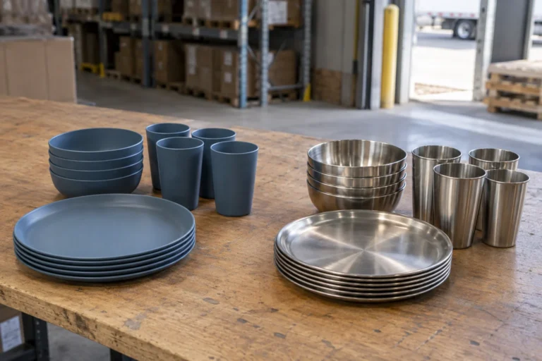 PP vs stainless steel camping dinnerware compared on a warehouse sample table