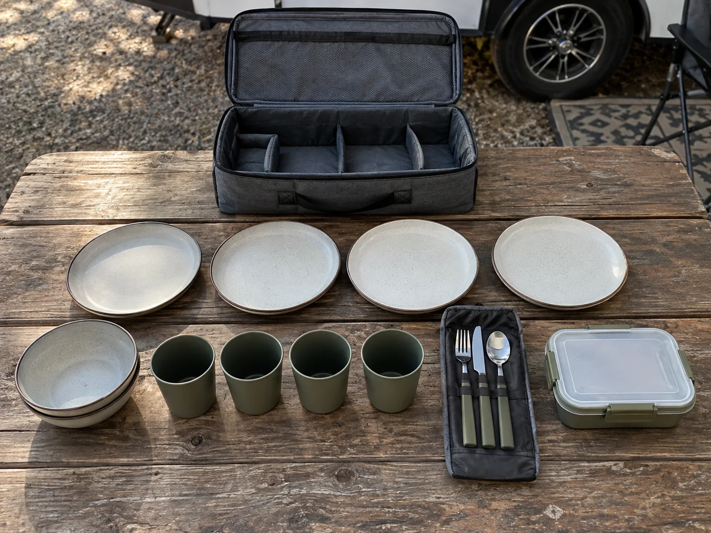 Pre-pack component count and identity review Concept overhead pre-pack grouping of round plates bowls cups a separate cutlery sleeve and food container beside an open case