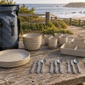 Complete roll-top modular camping dinnerware set at a coastal picnic table