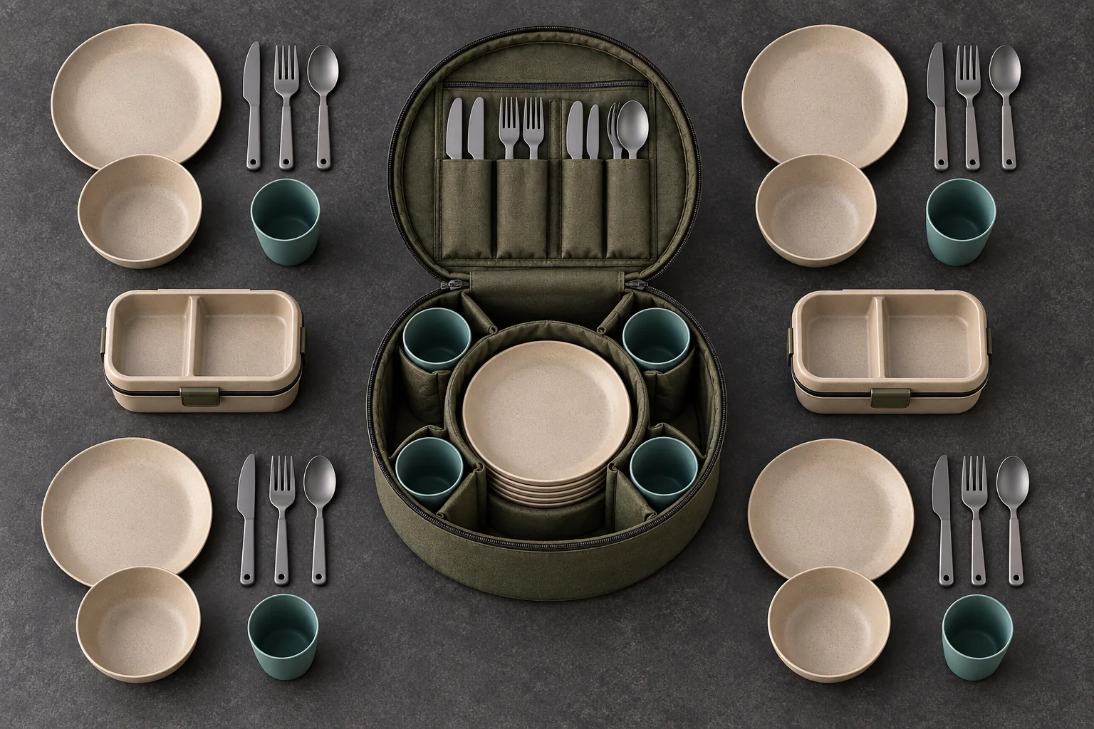 Radial-Caddy Set Reference Configuration Radial-caddy camping dinnerware set component configuration from above