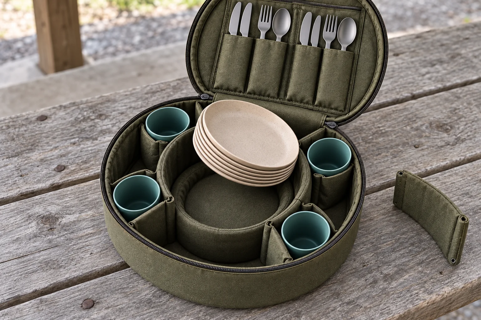 Radial-Caddy Storage Detail Round camping dinnerware caddy with central stack well and radial cup pockets