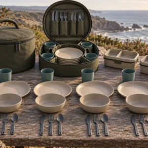 Complete radial-caddy camping dinnerware set at a coastal picnic table