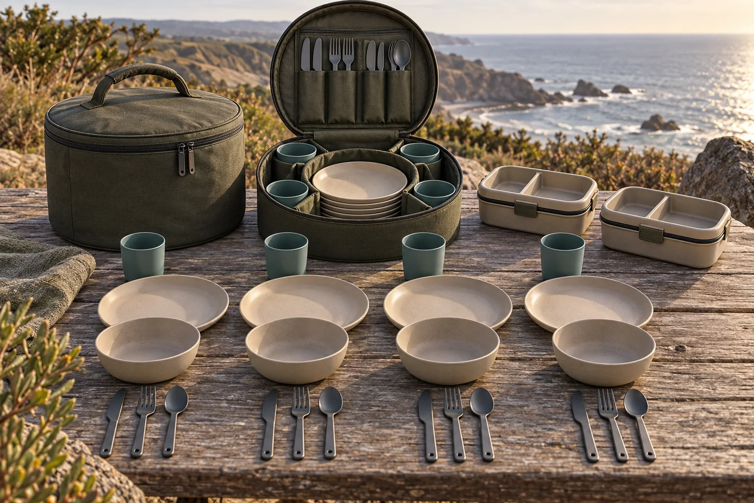 Complete radial-caddy camping dinnerware set at a coastal picnic table