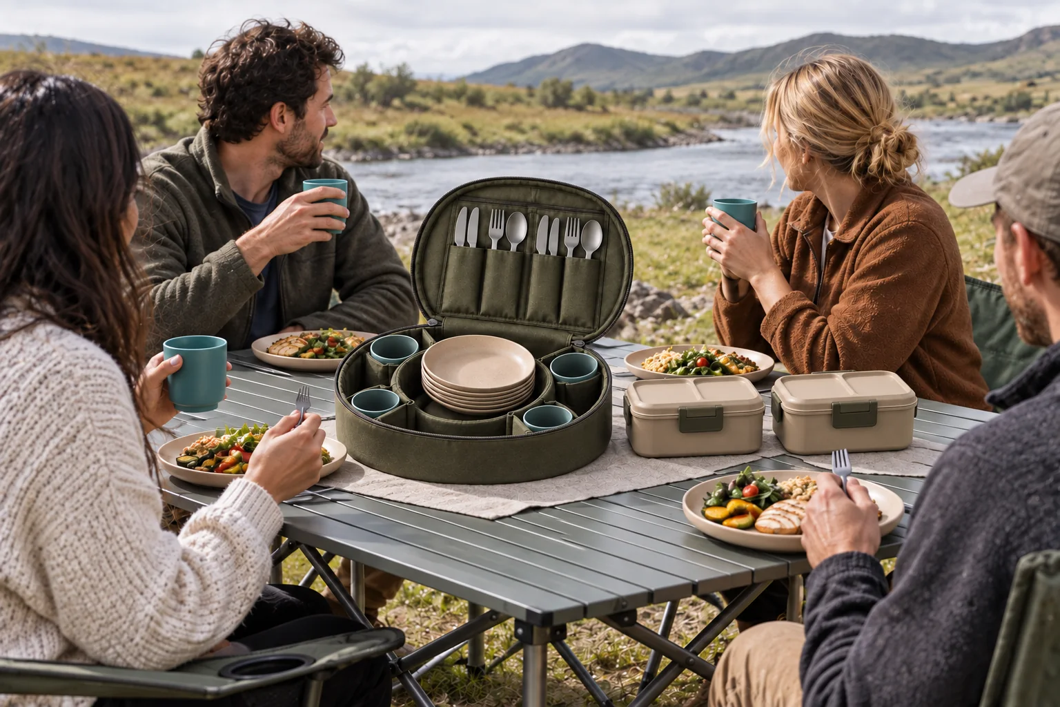 Radial-Caddy Outdoor Application Four adults using the radial-caddy camping dinnerware set beside a river