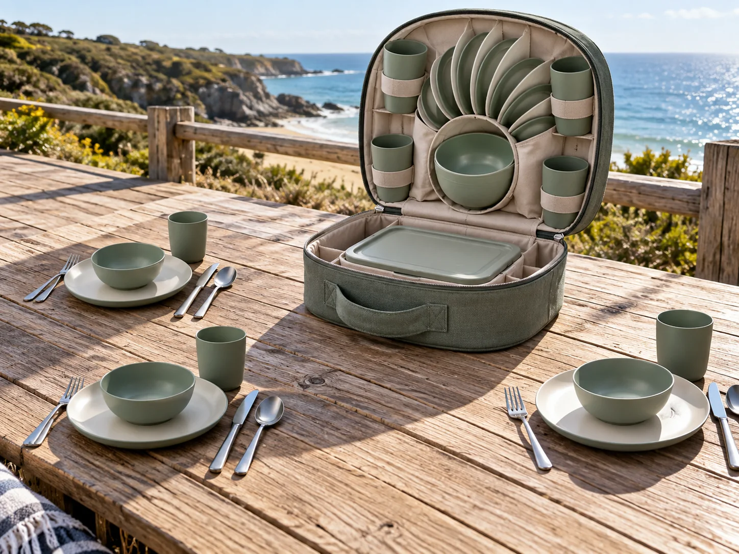 Radial-fan coastal application concept Four outdoor place settings beside an open radial-fan dinnerware case on a sunny coastal boardwalk