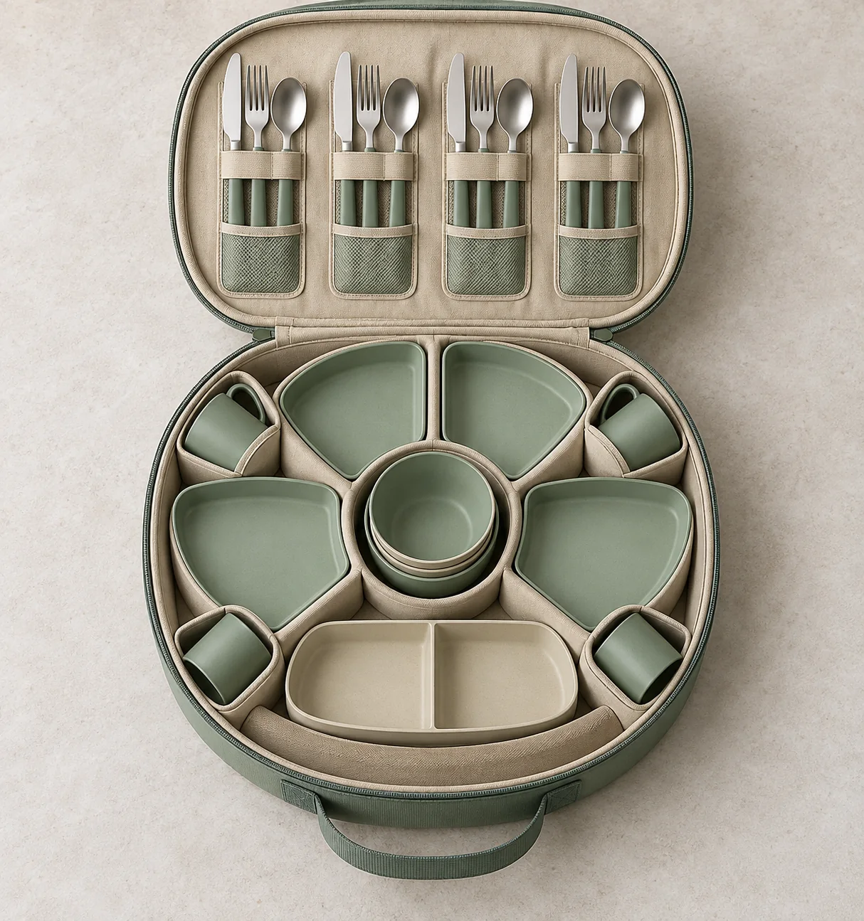 Radial-fan reference configuration Top-down radial-fan dinnerware configuration with four plate slots central bowl well cup pockets lunch box and carry case